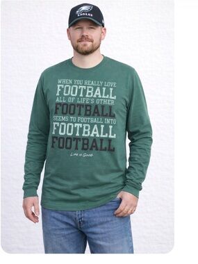 Life Is Good T-Shirt Green Long Sleeve 100% Cotton Football Tee Sz XL New w Tags